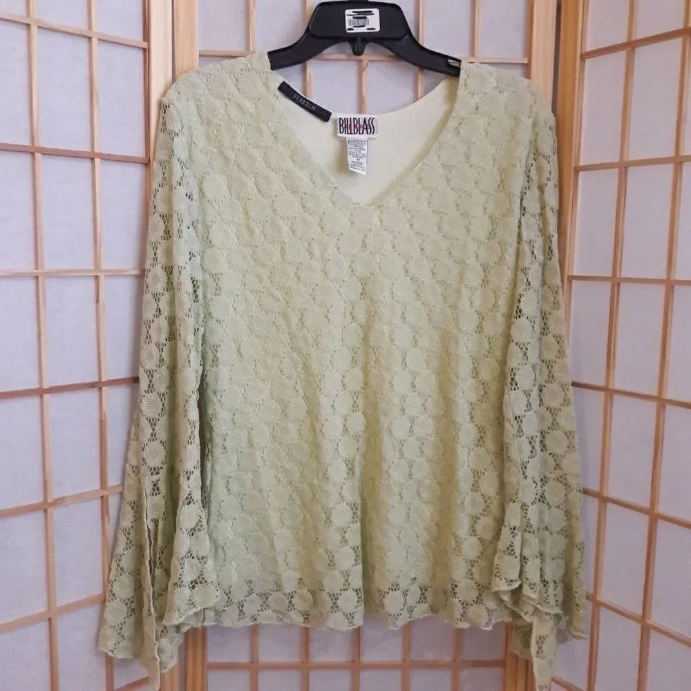 Bill Blass Womens Lace Green Lined Blouse Top Bell